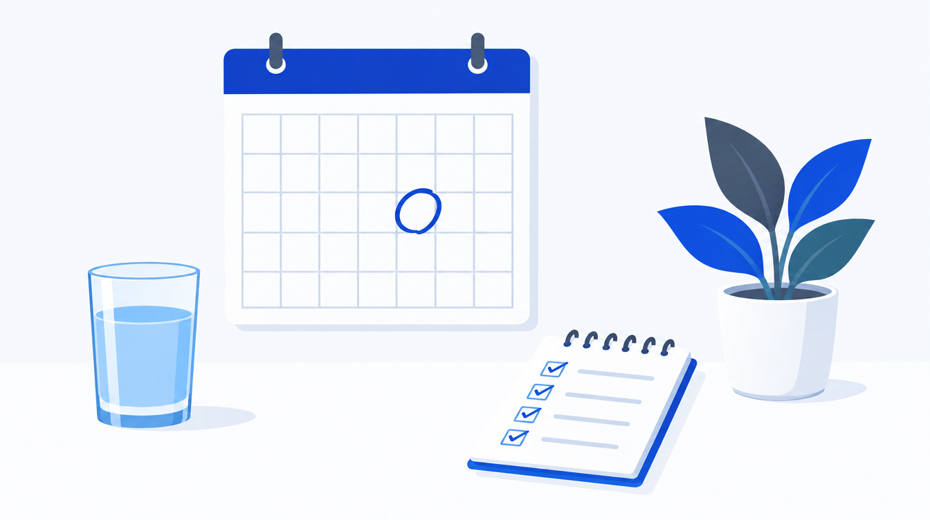 A wall calendar with one day circled, a checklist pad and a glass of water on a desk